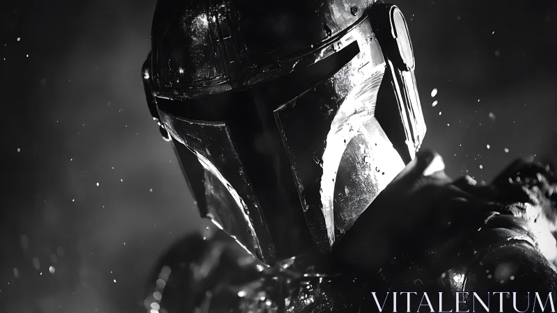 Armored warrior portrait in dramatic monochrome lighting.