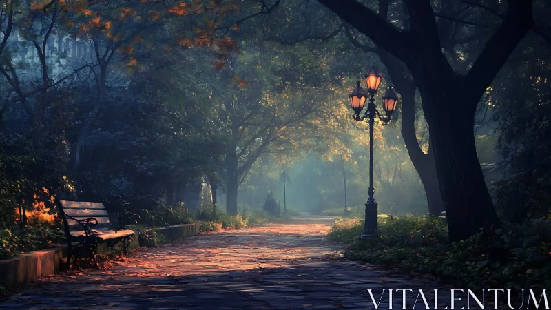 Twilight park lanterns quietly rehearse their sunrise glow