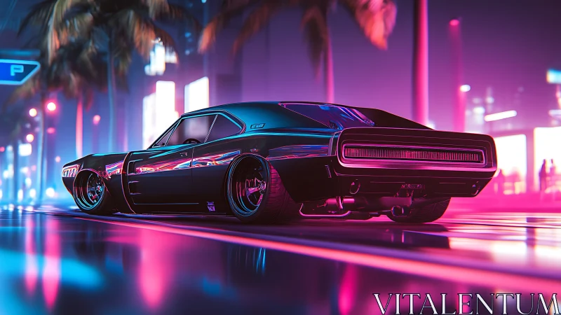 Cyberpunk muscle car render in neon-lit boulevard perspective.