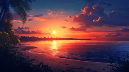 Sunset illuminates tropical shoreline with reflective water