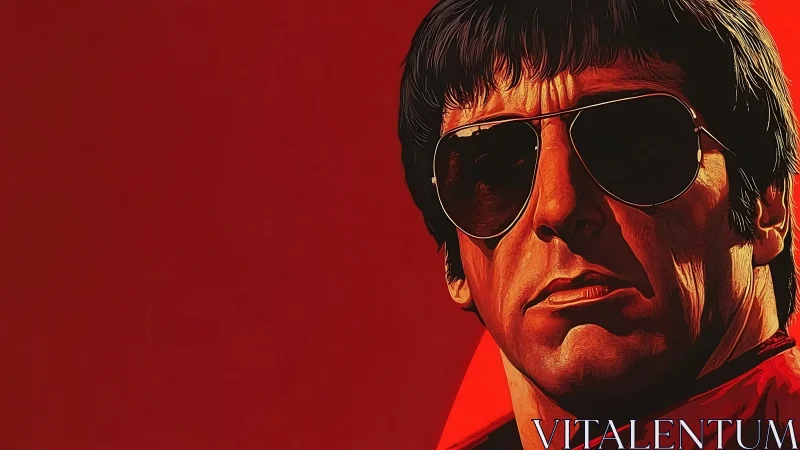 Shadows curl over stoic sunglasses in molten red glare