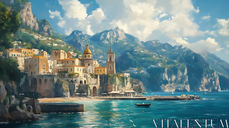 Sunlit Mediterranean coastal town rendered in expressive oils