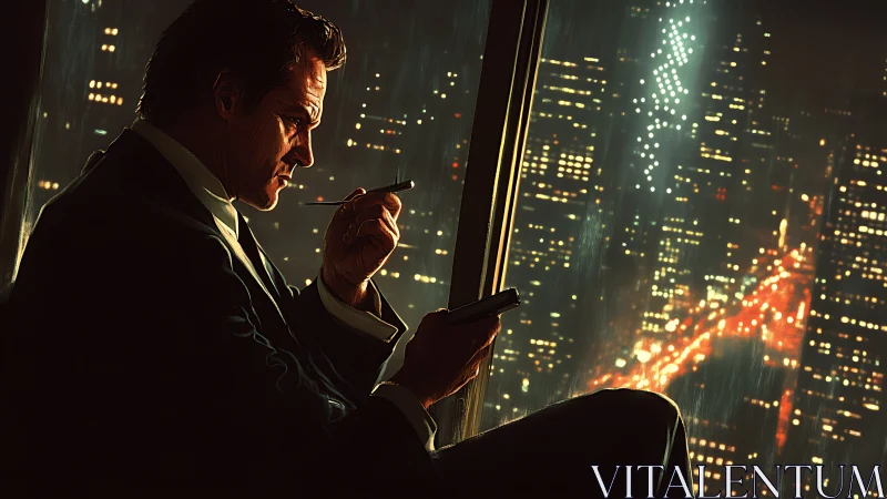 Quiet city night wraps a thoughtful man in warm neon light