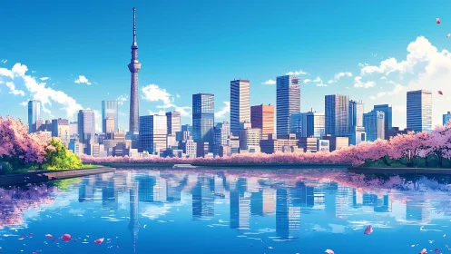 Urban skyline mirrored in tranquil river under clear spring sky