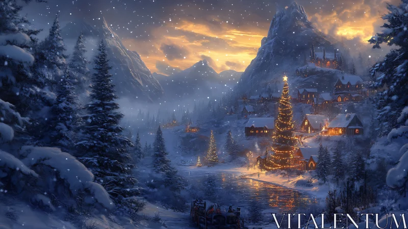 Snowy mountain village glowing with cozy holiday lights.