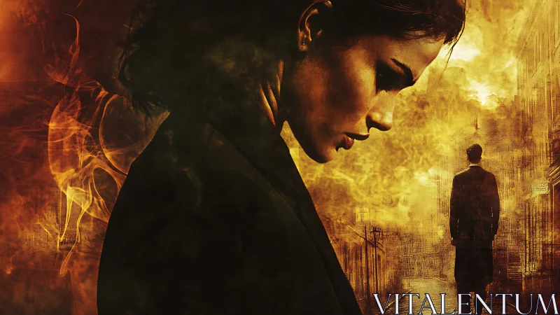 Somber woman in fiery haze watches distant lone figure.