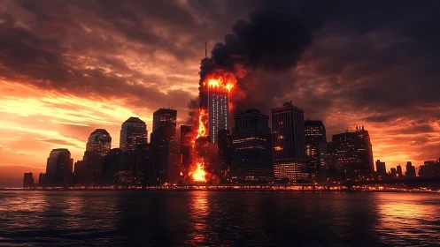 Sunset skyline with central skyscraper engulfed in fire.