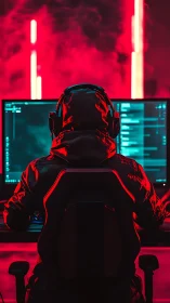 Hooded coder monitors data in neon red cyber workspace.