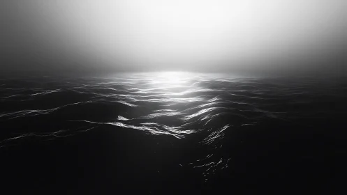 Monochrome ocean horizon under stark bright backlight.