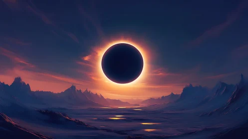 Total solar eclipse over glacial alien landscape at dusk