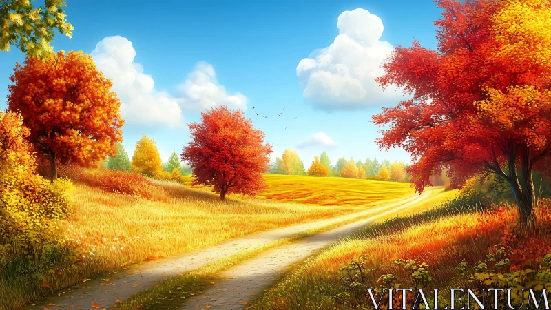 Golden country path winds through bright, welcoming autumn fields