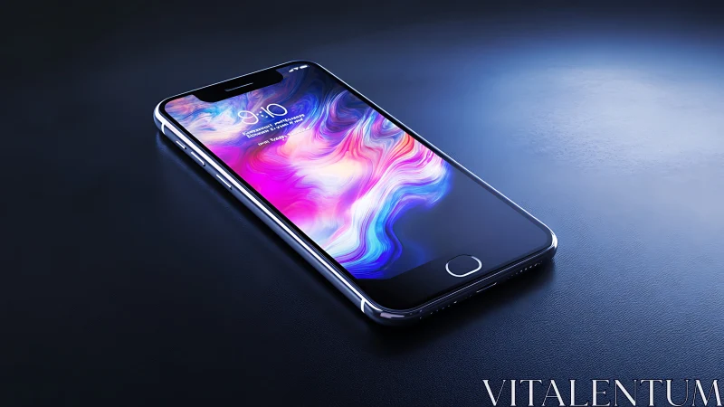 Smartphone displaying fluid gradient wallpaper on reflective surface.