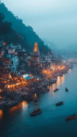 Riverside Indian ghat at dusk rendered in cinematic photorealism