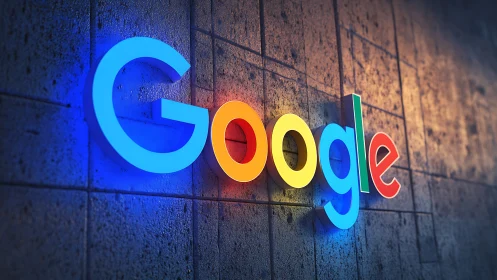 Vibrant Google wall logo glows against textured concrete
