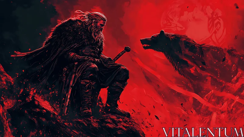 Viking warrior silhouette confronting spectral wolf under bloodmoon.