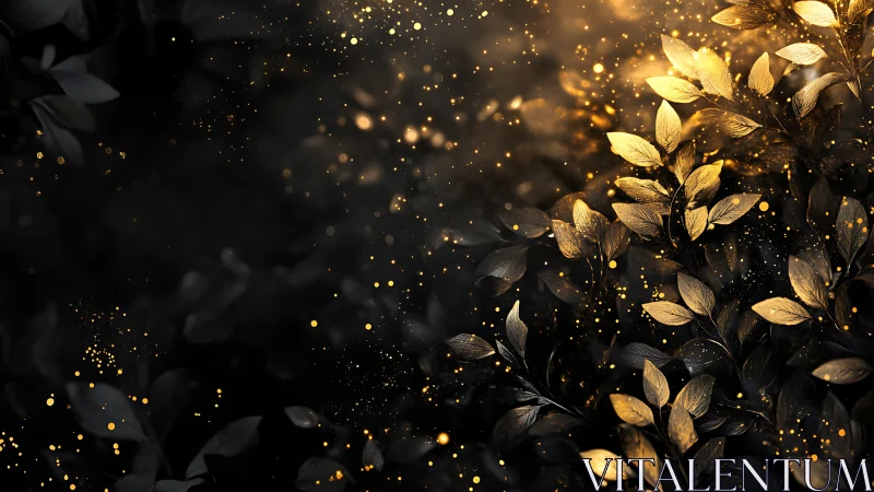 Gilded night foliage bathed in shimmering amber starlight.