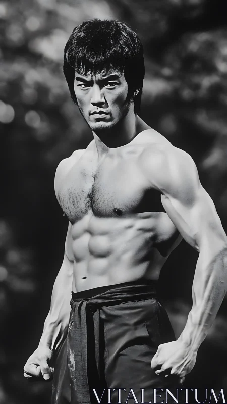 Martial artist stands poised in stark black and white light