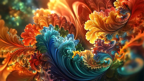 Fractal plumes swirl through radiant multicolor cosmic currents.