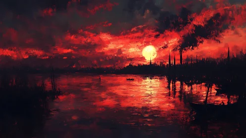 Expressive digital sunset seascape with silhouetted shoreline.