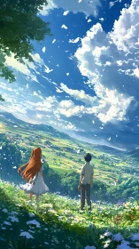 Anime pastoral vista with skyward perspective and floral foreground.