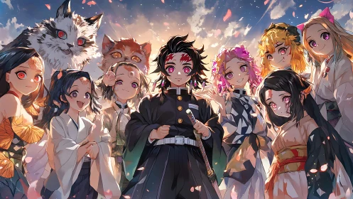 Warm evening gathering of heroic friends in soft sunlight.