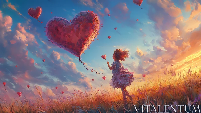 Child Releasing Giant Heart Balloons Into Sunset Sky