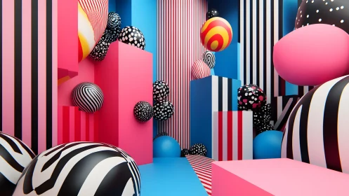 Striped confetti corridor with bold bouncing illusion spheres.