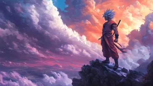 Warrior overlooks stormlit horizon under radiant clouds