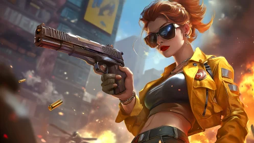 Fiery city standoff with stylish gunwoman in yellow jacket.