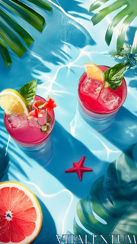 Tropical Cocktails by the Pool. Summer beverage scene with vibrant pink drinks and fresh citrus garn