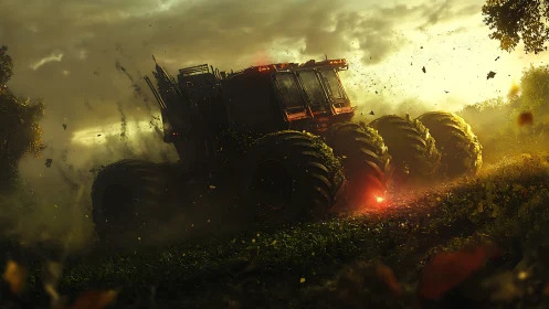 Quad-axle agrimech crawler in storm-lit environmental churn.