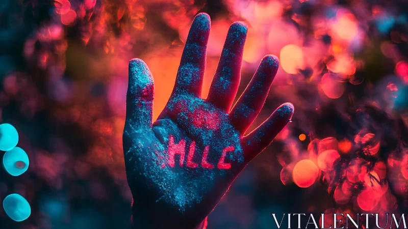Neon-lit hand with powder texture frames bold HELLO message