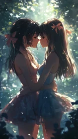 Backlit anime couple embracing in luminous forest clearing