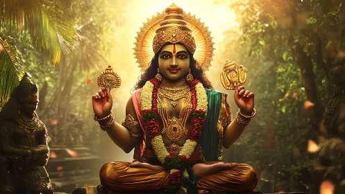 Sunlit forest deity in jeweled serenity, blessing the jungle.