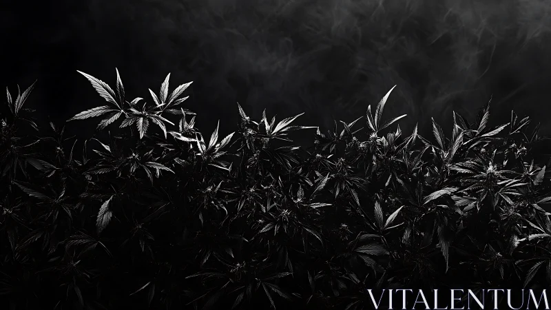 High-contrast cannabis foliage emerges from atmospheric darkness