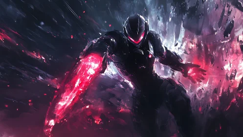 Cybernetic warrior unleashes red energy amid shattered void