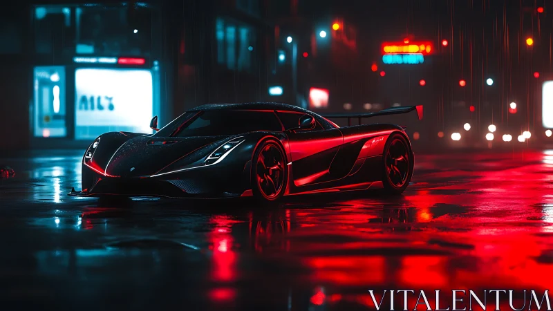 Midnight supercar glowing under neon city rainlight.