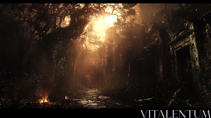 Sunlit ruins emerge through overgrown jungle shadows.