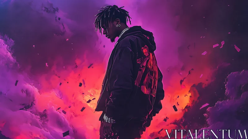 Hooded figure in neon magenta cloudscape with drifting debris