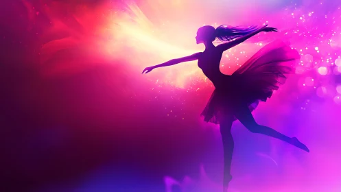 Silhouetted ballerina intersects radial neon gradient light field