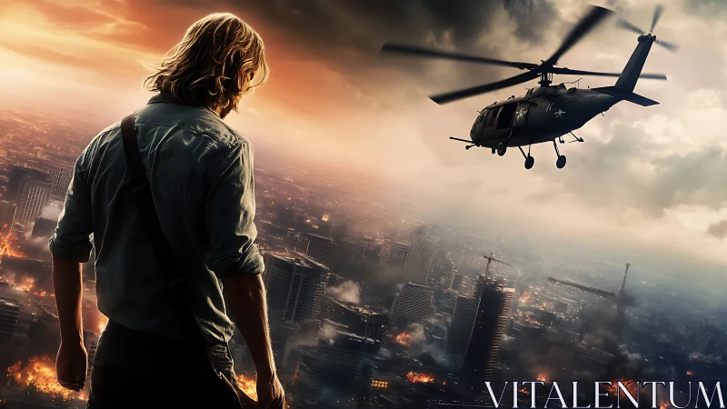 Man observes burning city skyline with military helicopter.