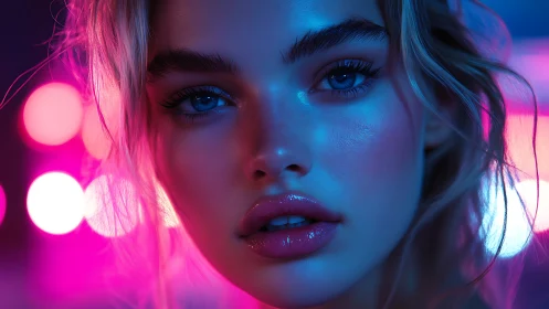 Neon dusk muse in electric pink and cyan glow.