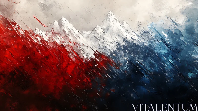 Abstract snow-capped mountain range with red and blue fields.