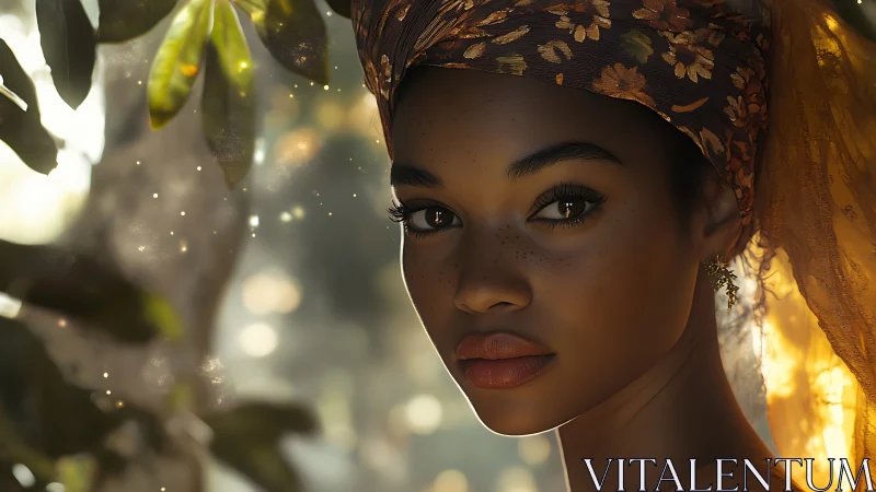 Sunlit forest muse with freckled gaze and floral crown glow.