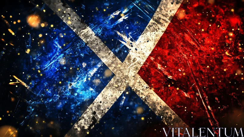 Diagonal white cross divides textured blue and red fields