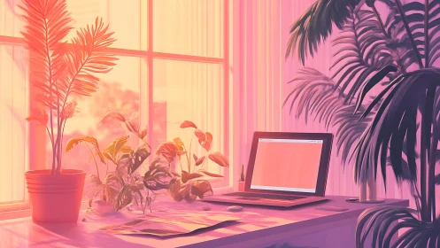 Sunlit desk workspace with laptop and potted plants.