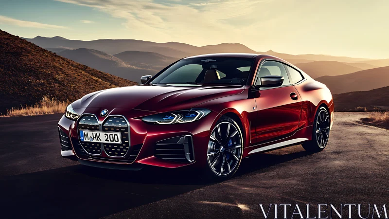 Red BMW coupe parked on mountain road at sunset light.
