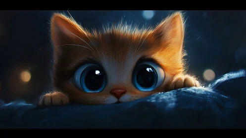 Big eyed kitten glowing in soft cinematic night light.