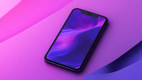 Modern smartphone on abstract purple and pink gradient background.