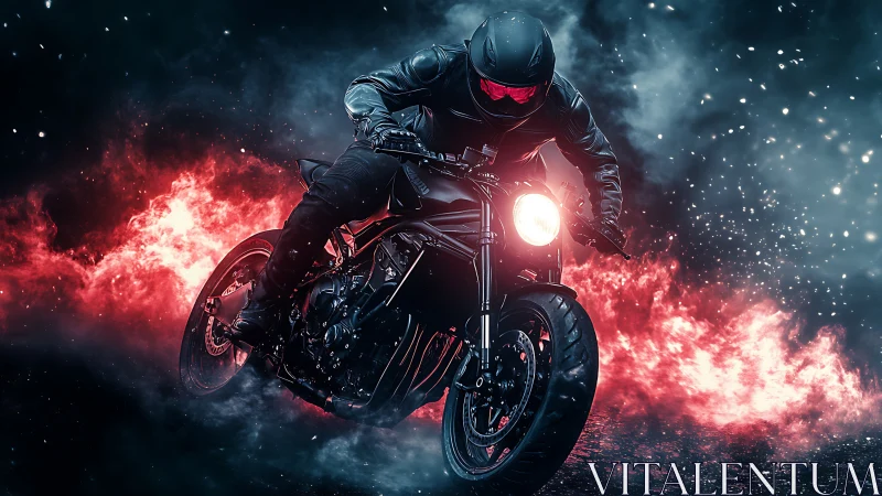 Motorcyclist carves neon-lit smoke trail in cyber-noir nightscape